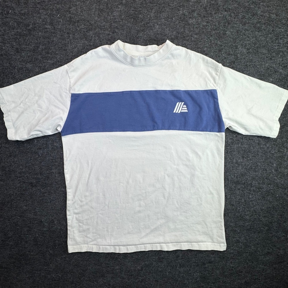 Aldi Gear T-Shirt Mens Size M White Blue Stripe Graphic Logo Short Sleeve Cotton